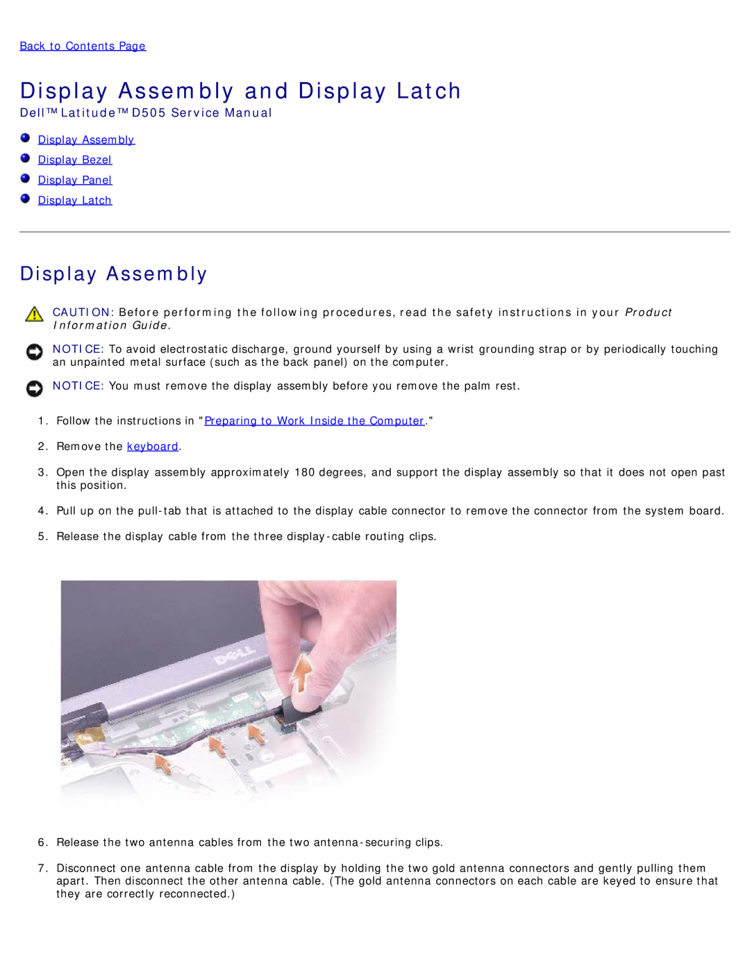 Dell D505 service manual Display Assembly and Display Latch 