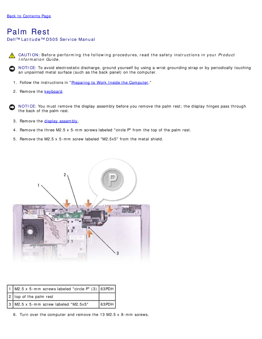 Dell D505 service manual Palm Rest 