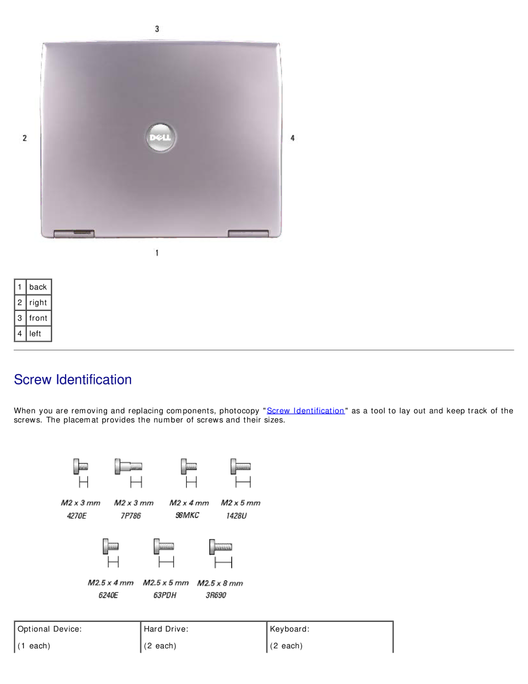 Dell D505 service manual Screw Identification 