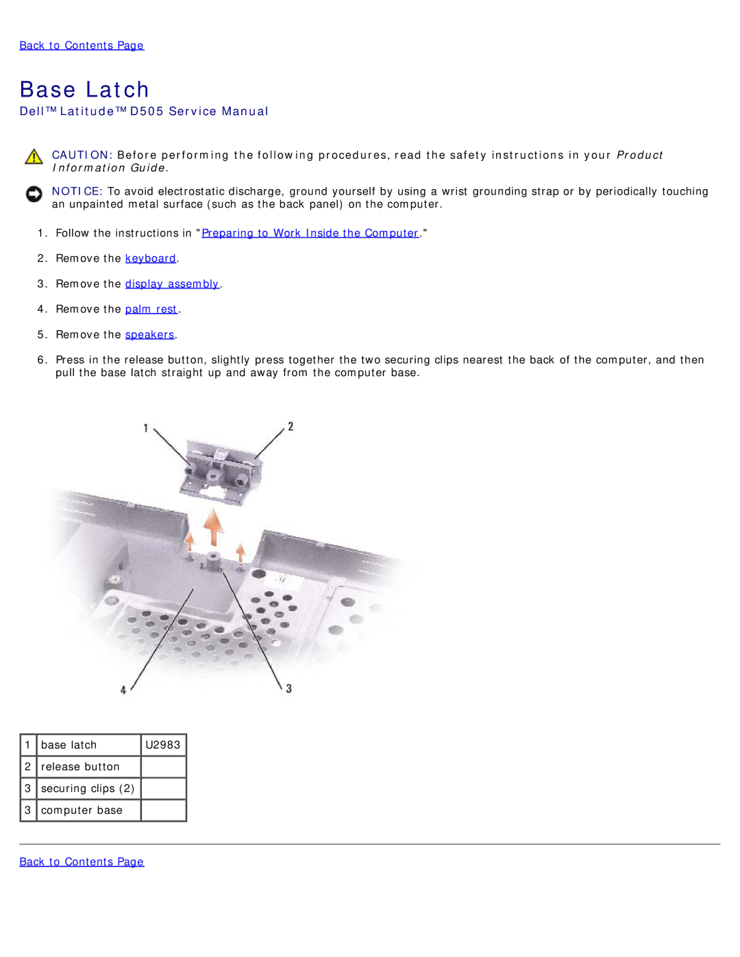 Dell D505 service manual Base Latch 