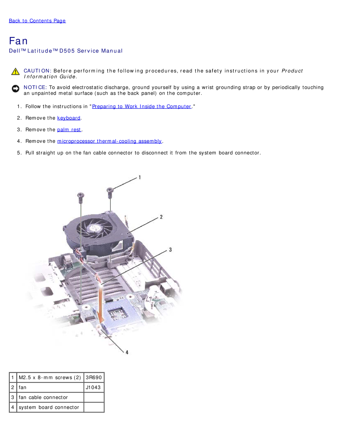 Dell D505 service manual Fan 