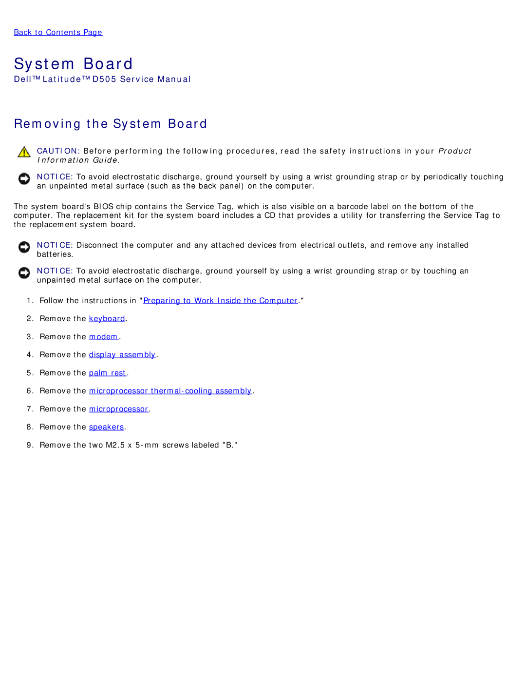 Dell D505 service manual Removing the System Board 