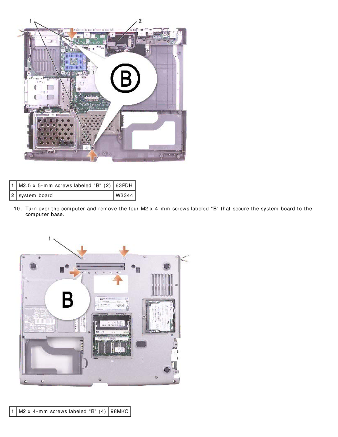 Dell D505 service manual M2.5 x 5-mm screws labeled B 2 63PDH System board 