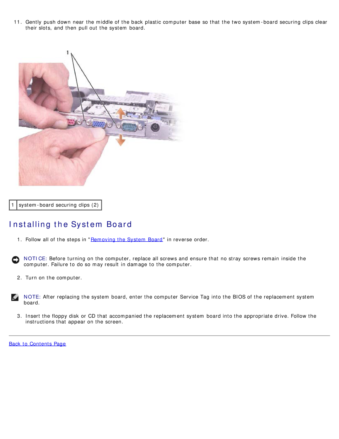 Dell D505 service manual Installing the System Board 