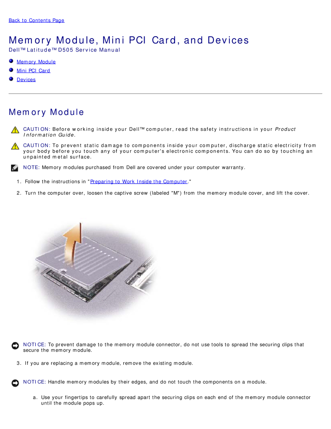 Dell D505 service manual Memory Module, Mini PCI Card, and Devices 