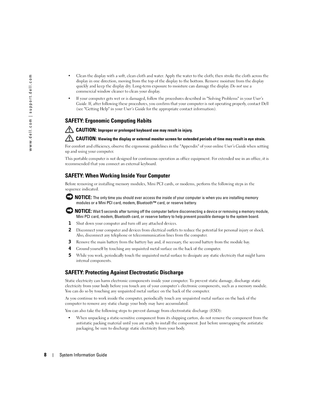 Dell D505 manual Safety Ergonomic Computing Habits, Safety When Working Inside Your Computer 