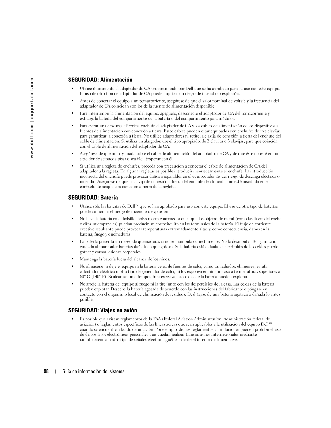 Dell D505 manual Seguridad Alimentación, Seguridad Batería, Seguridad Viajes en avión 