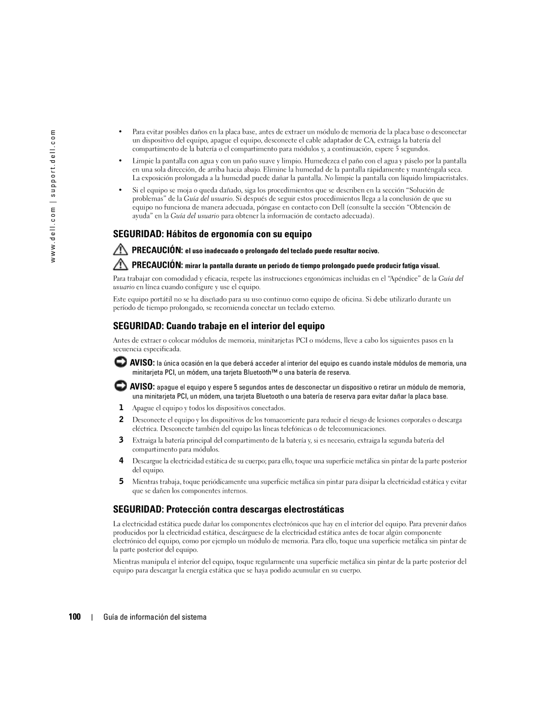 Dell D505 manual Seguridad Hábitos de ergonomía con su equipo, Seguridad Cuando trabaje en el interior del equipo, 100 