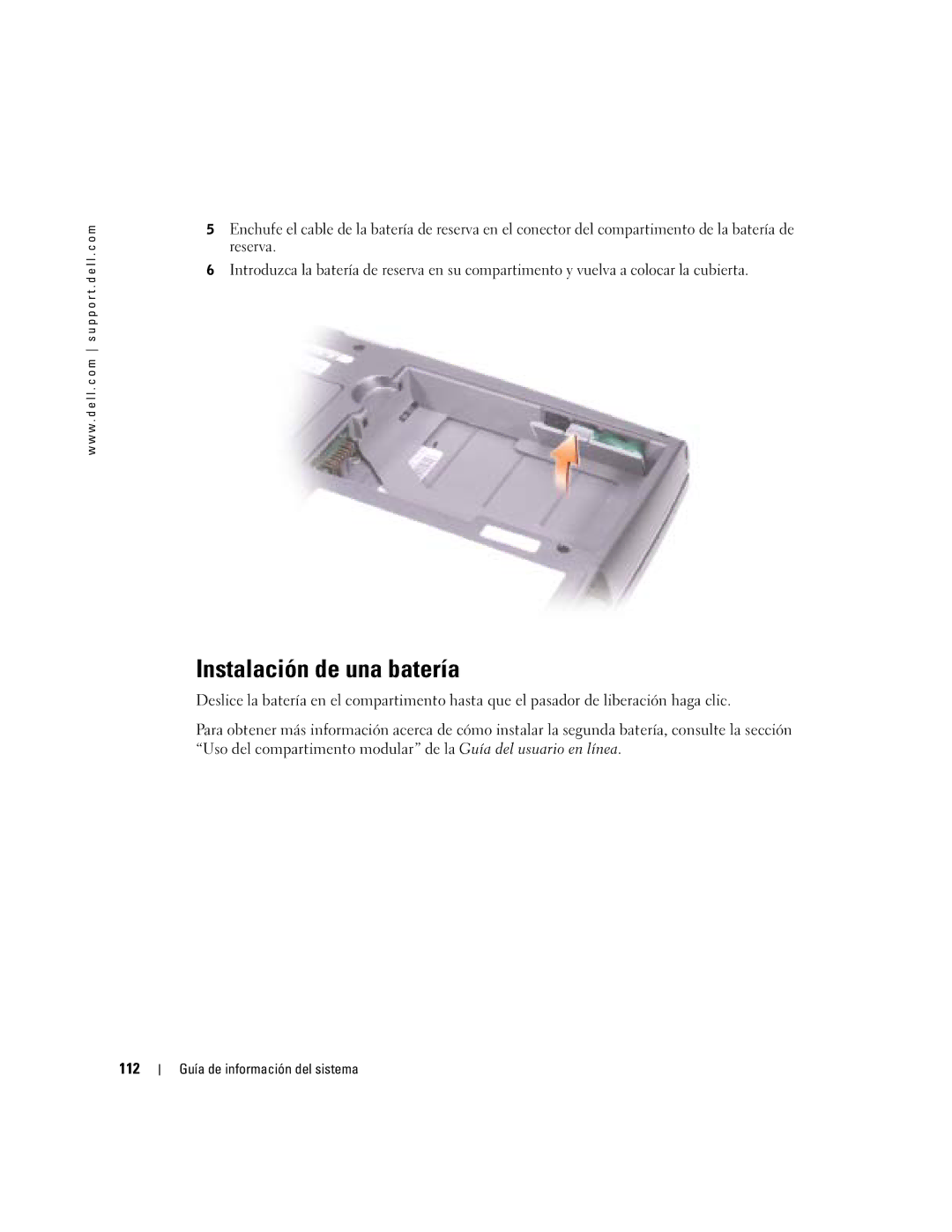 Dell D505 manual Instalación de una batería, 112 