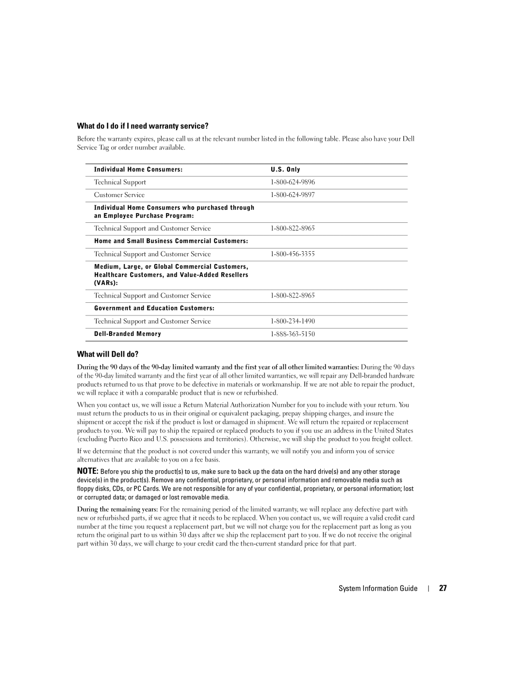 Dell D505 manual What do I do if I need warranty service?, What will Dell do? 