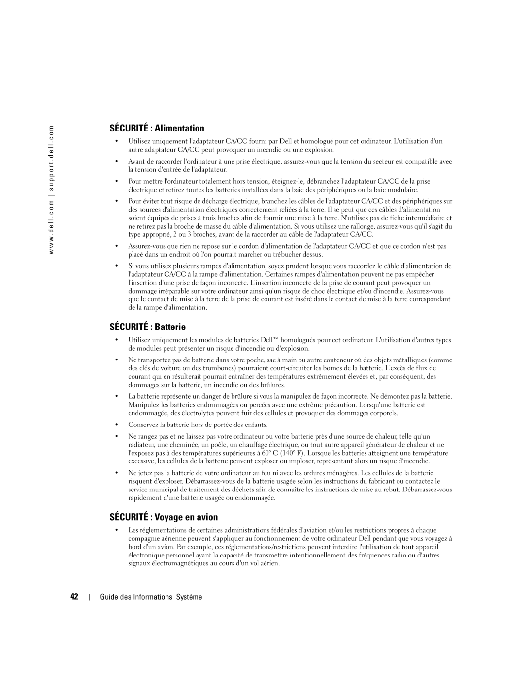 Dell D505 manual Sécurité Alimentation, Sécurité Batterie, Sécurité Voyage en avion 