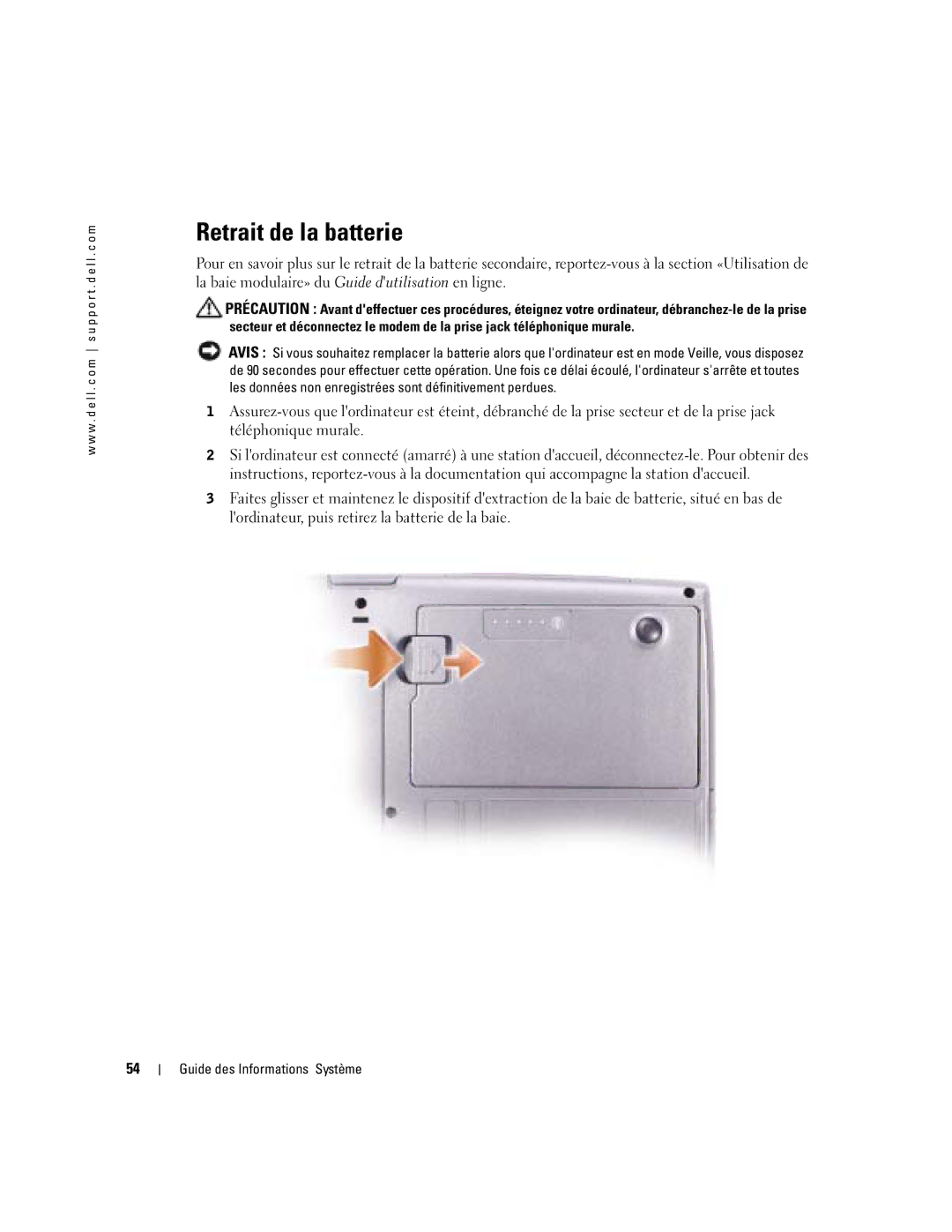 Dell D505 manual Retrait de la batterie 