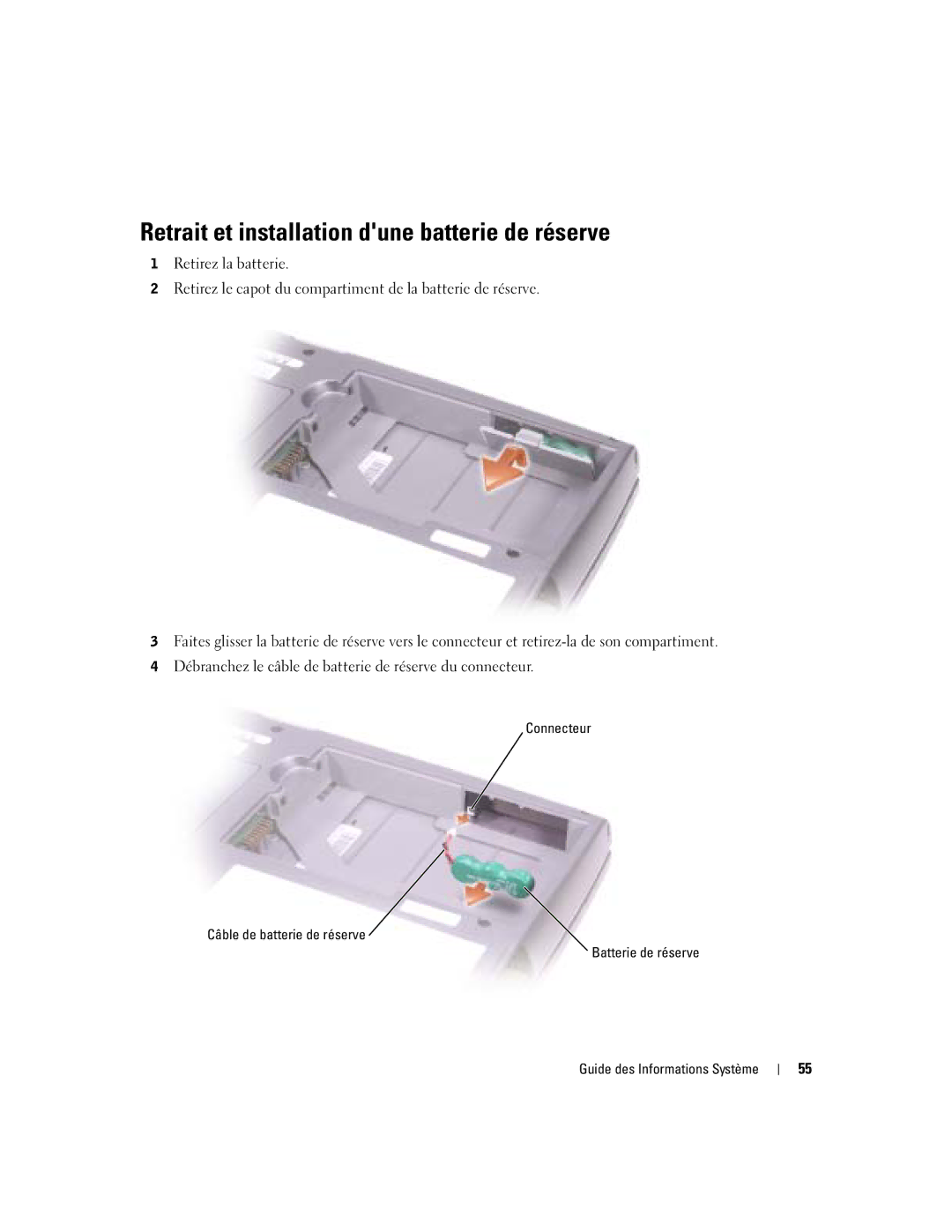 Dell D505 manual Retrait et installation dune batterie de réserve 