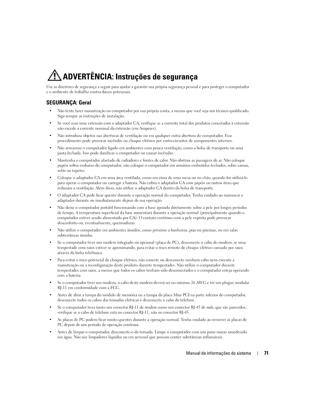 Dell D505 manual Advertência Instruções de segurança, Segurança Geral, Manual de informações do sistema 