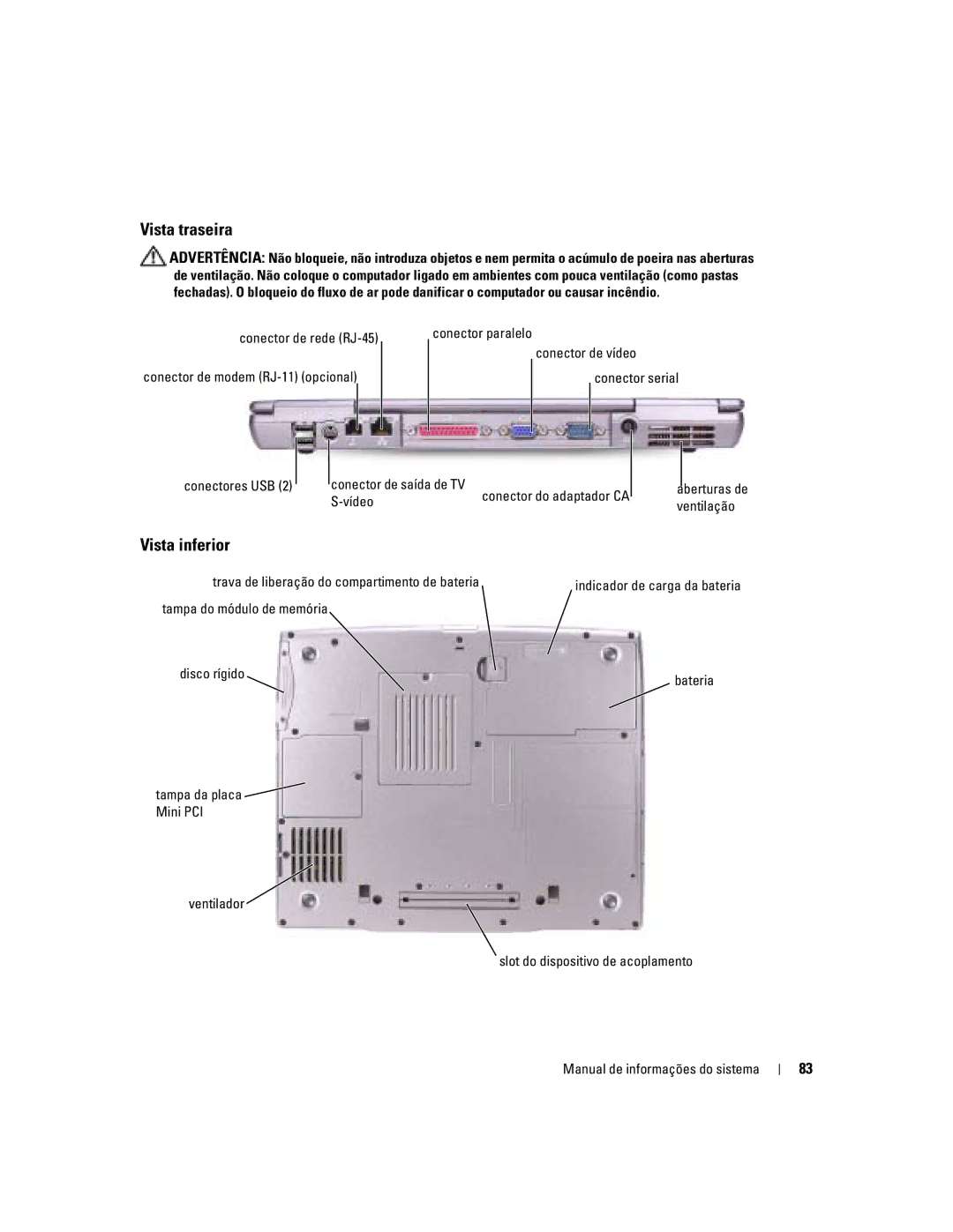 Dell D505 manual Vista traseira, Vista inferior, Vídeo, Trava de liberação do compartimento de bateria 