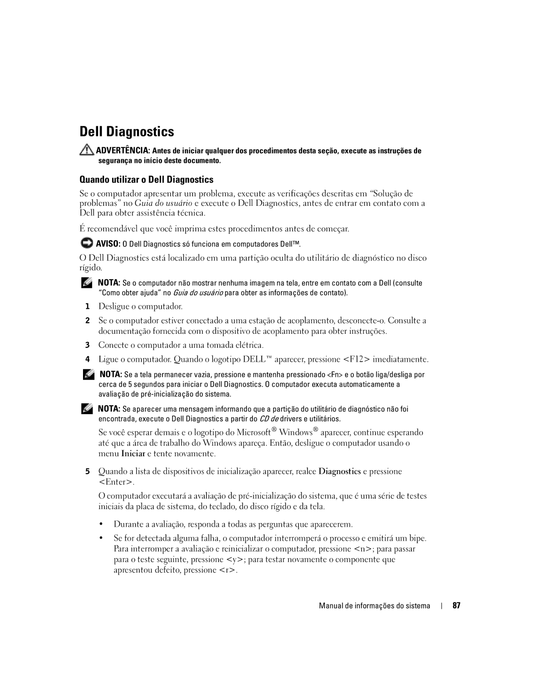 Dell D505 manual Quando utilizar o Dell Diagnostics, Desligue o computador 