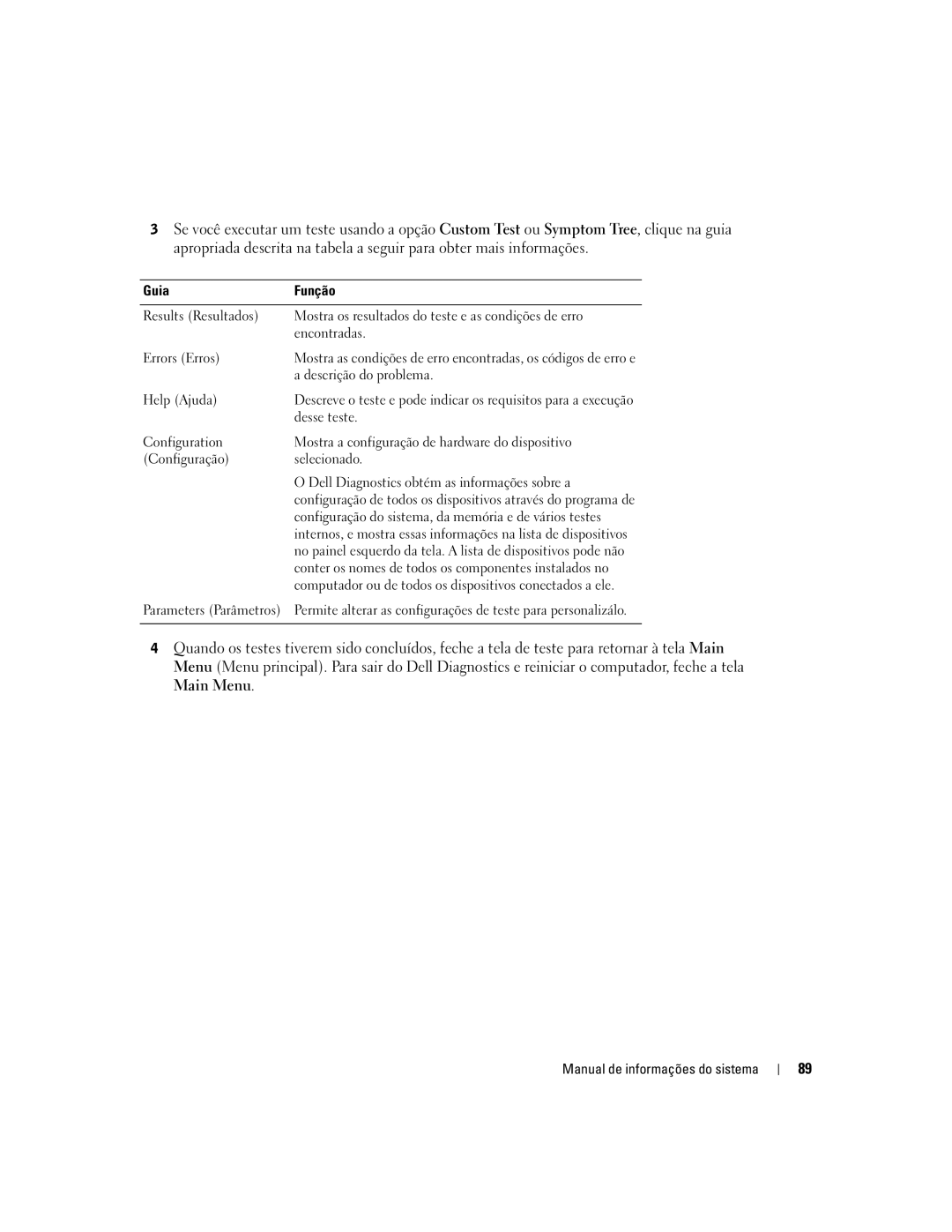 Dell D505 manual Descrição do problema, Help Ajuda, Desse teste 