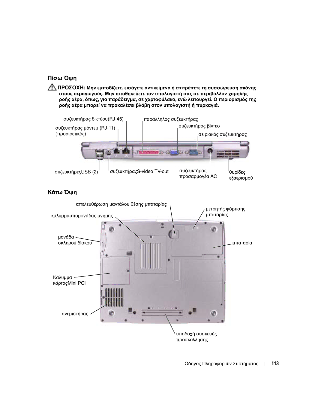 Dell D505 manual Πίσω Όψη, Κάτω Όψη, 113 