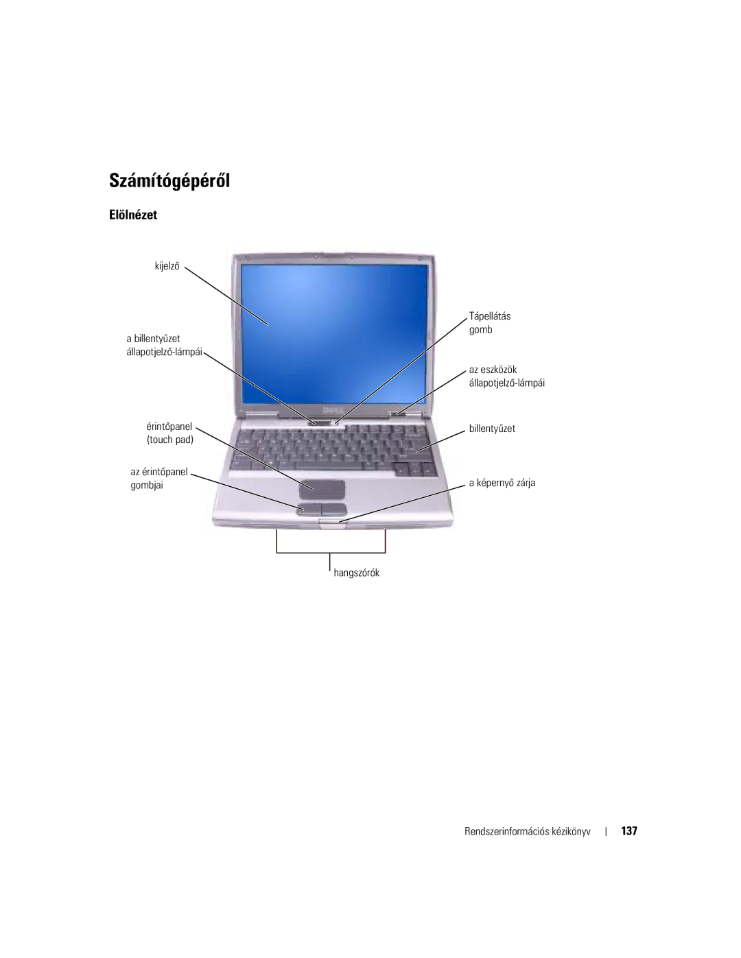 Dell D505 manual Számítógépéről, Elölnézet, 137, Kijelző 