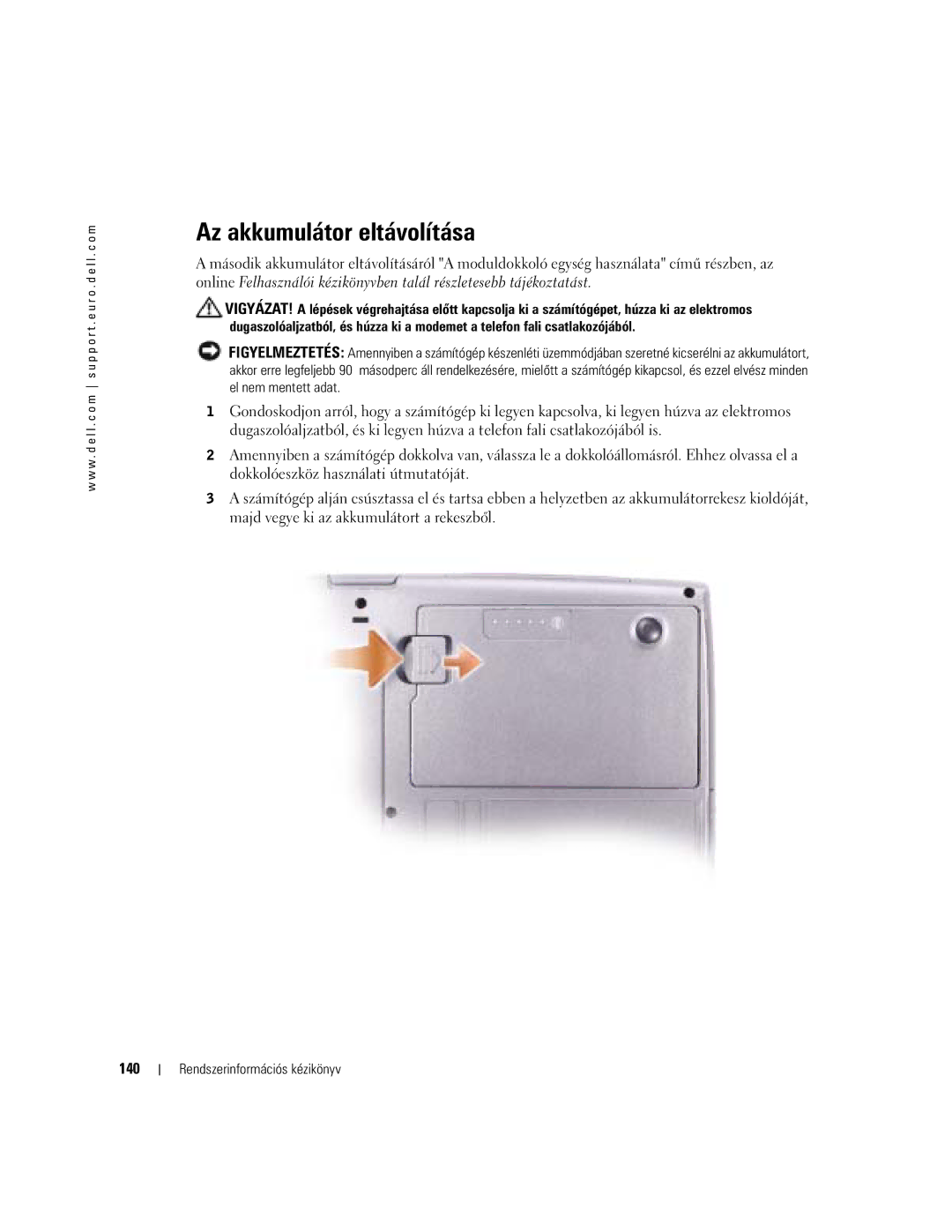 Dell D505 manual Az akkumulátor eltávolítása, 140 