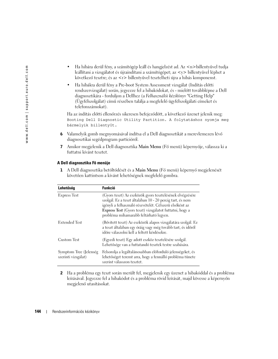 Dell D505 manual Dell diagnosztika Fõ menüje, 144, Lehetőség Funkció 