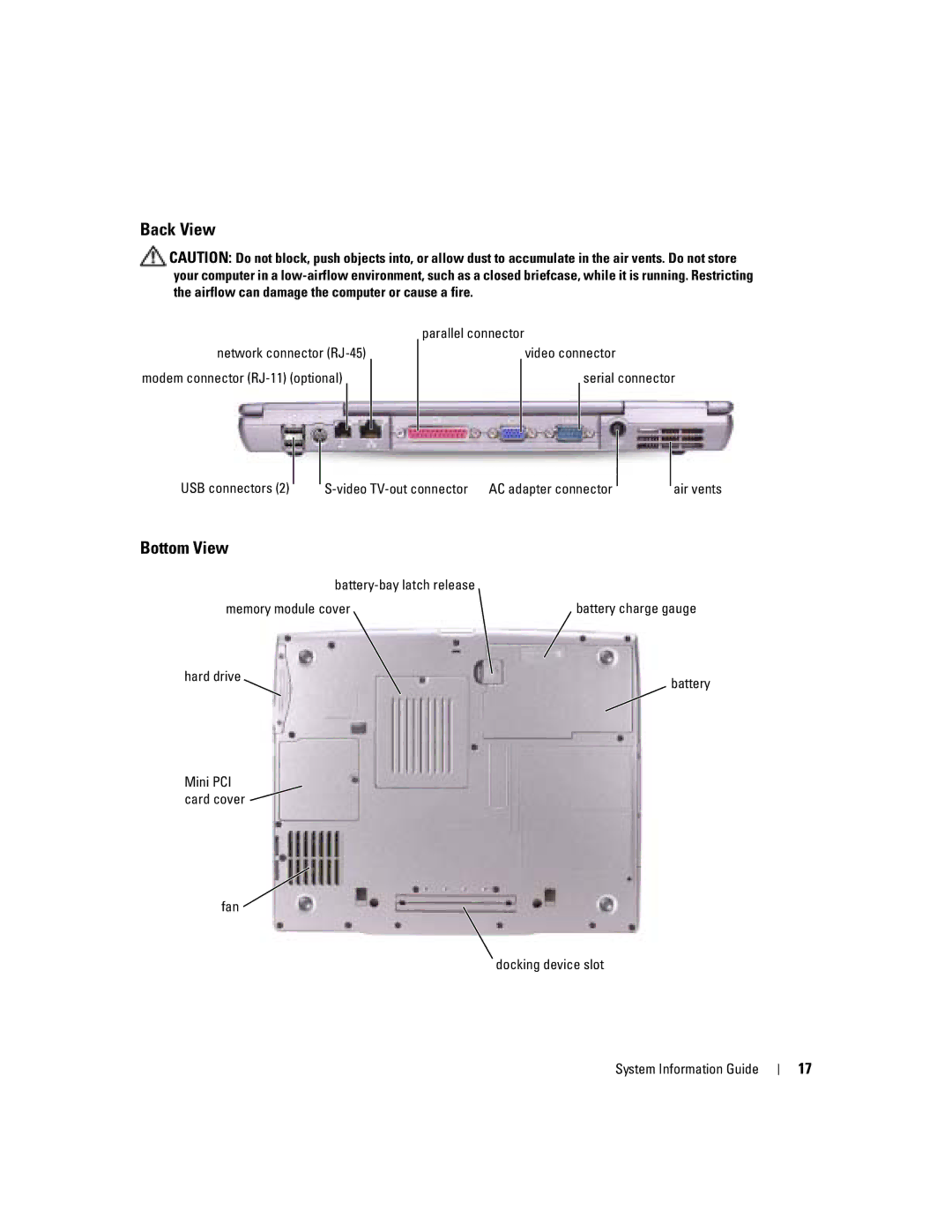 Dell D505 manual Back View, Bottom View, Battery-bay latch release Memory module cover 