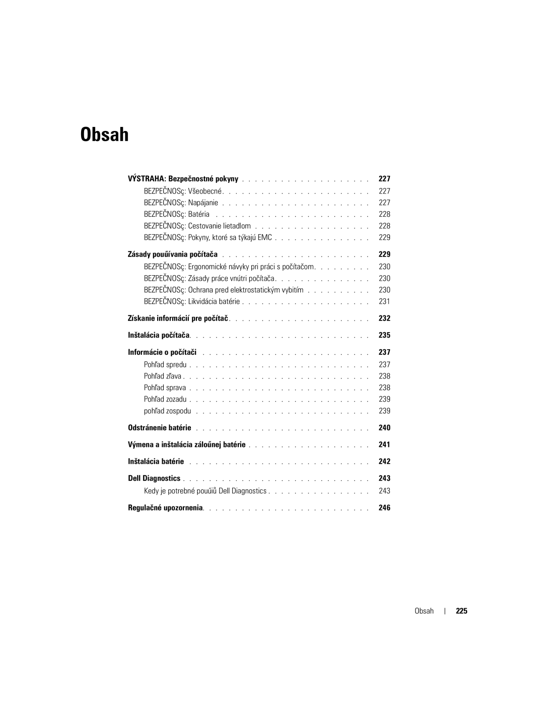 Dell D505 manual 227, 229, 232, 235, 237, 240, Výmena a inštalácia záloűnej batérie 241, 242, 243, 246 