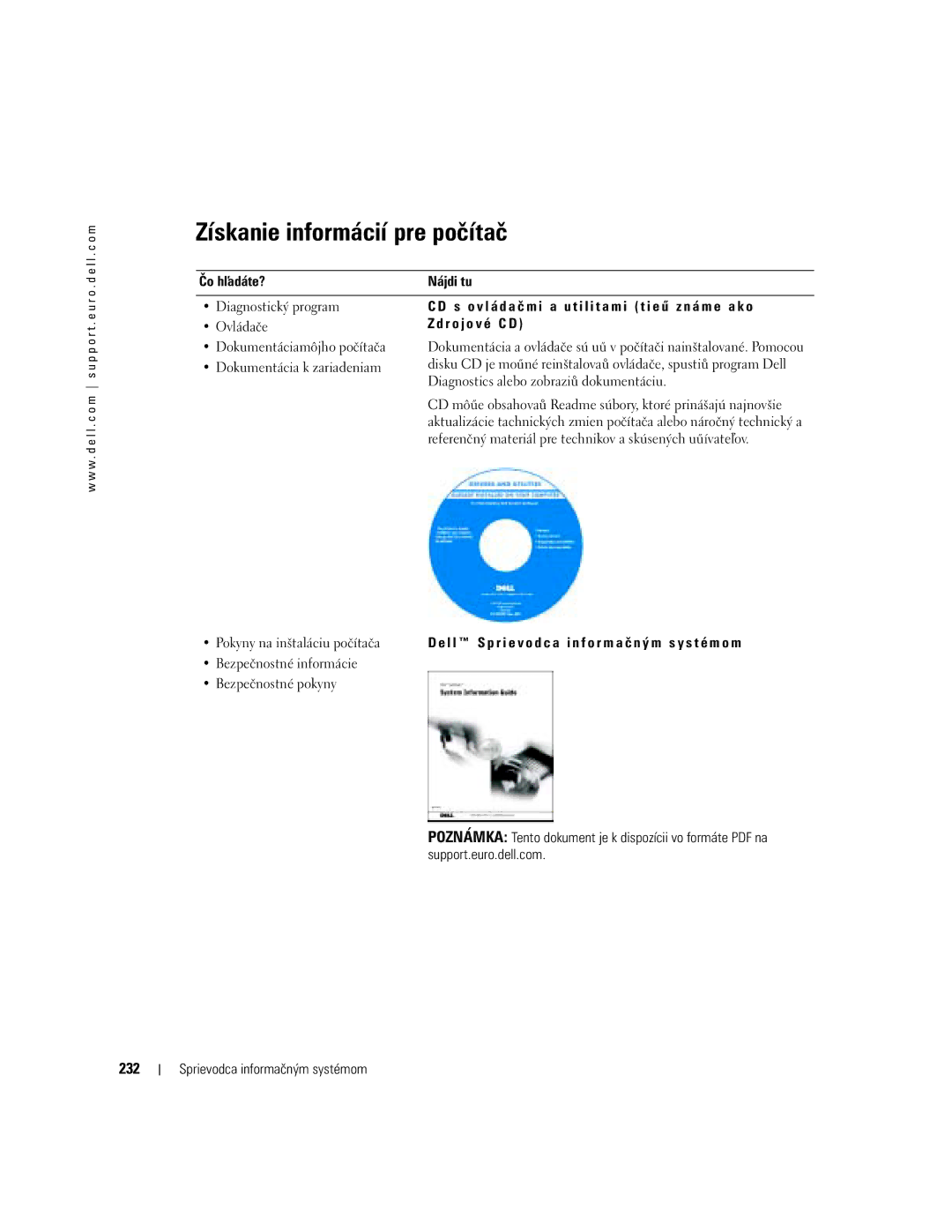 Dell D505 manual Získanie informácií pre počítač, 232, Čo hadáte? Nájdi tu, R o j o v é C D 