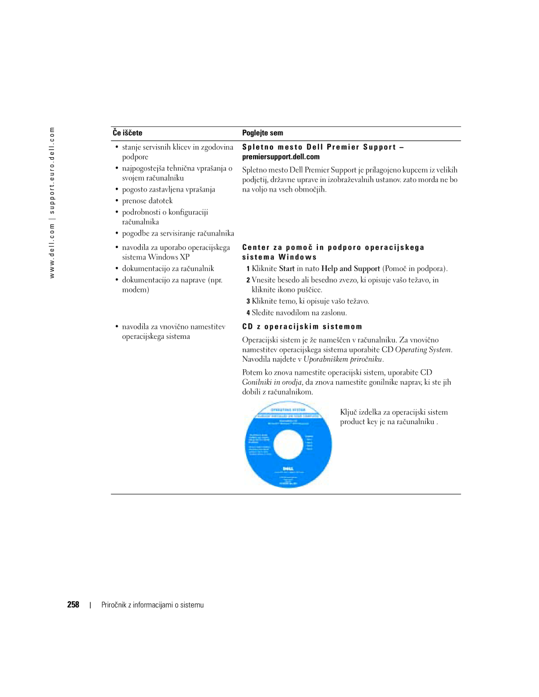 Dell D505 manual 258, L e t n o m e s t o D e l l P r e m i e r S u p p o r t, S t e m a W i n d o w s 