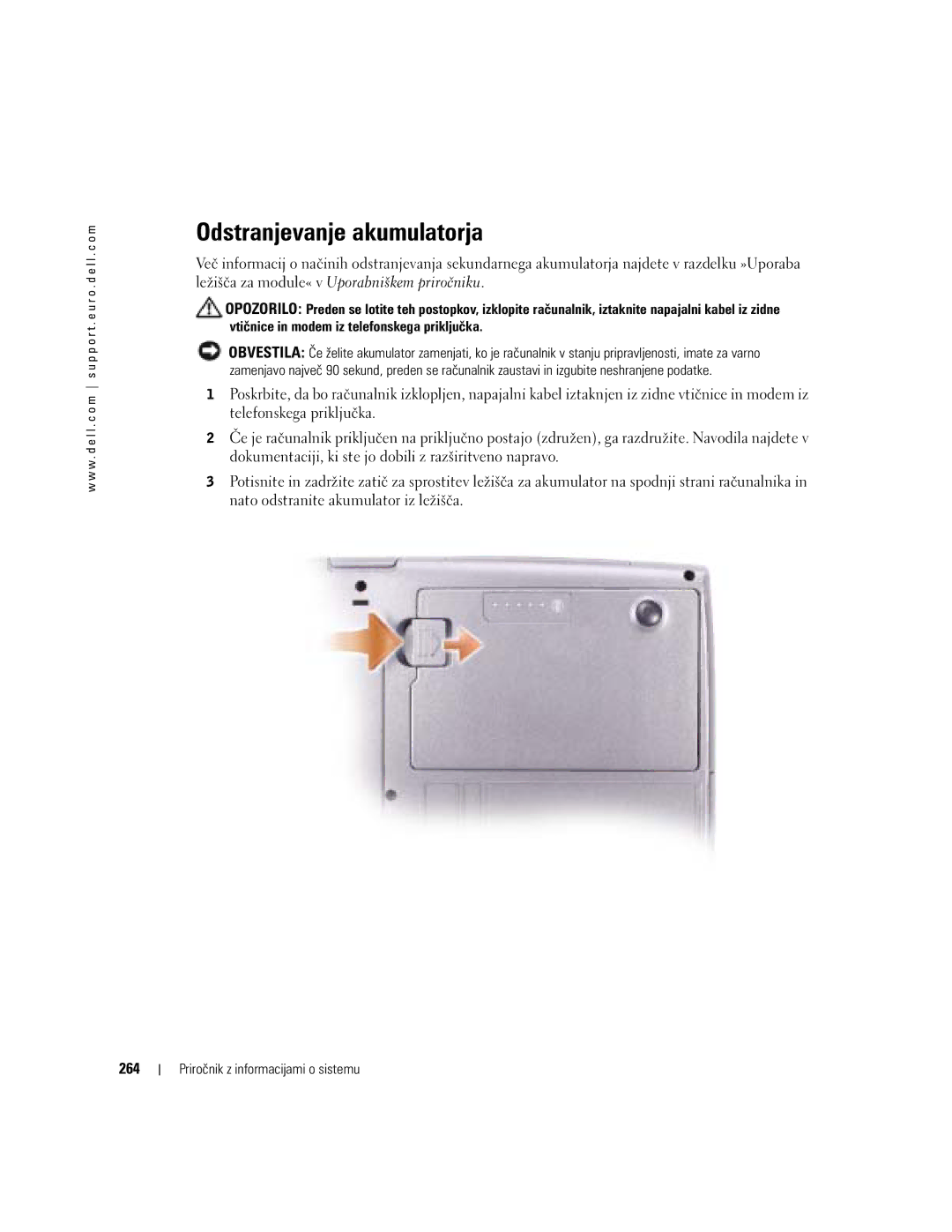 Dell D505 manual Odstranjevanje akumulatorja, 264 