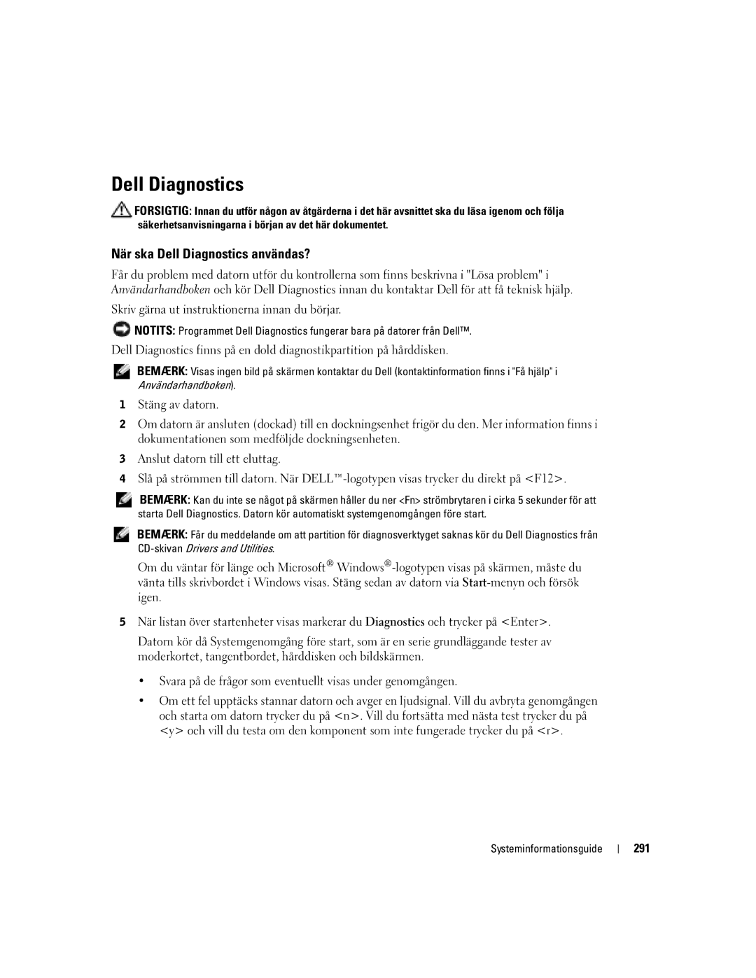 Dell D505 manual När ska Dell Diagnostics användas?, 291 