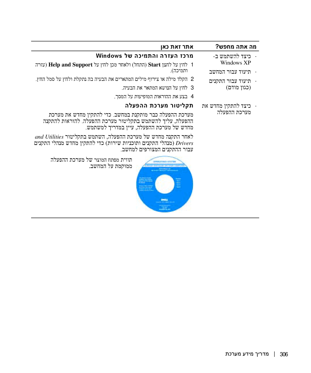 Dell D505 manual ןאכ תאז רתא ?שפחמ התא המ Windows לש הכימתהו הרזעה זכרמ, הלעפהה תכרעמ רוטילקת 