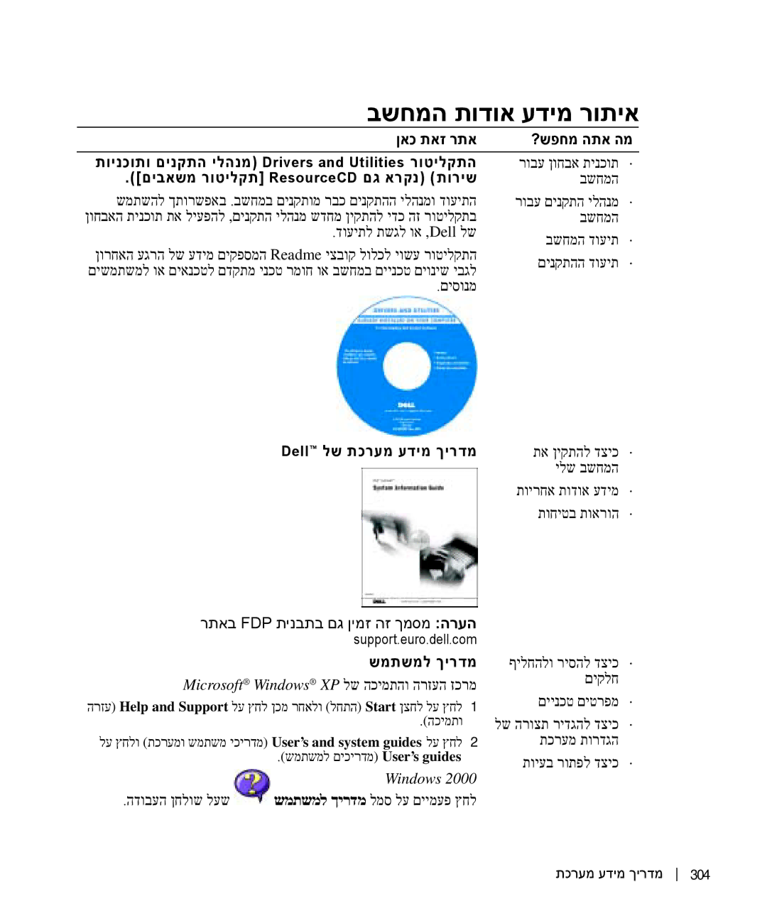 Dell D505 manual םיבאשמ רוטילקת ResourceCD םג ארקנ תוריש, Dell לש תכרעמ עדימ ךירדמ, רתאב Fdp תינבתב םג ןימז הז ךמסמ הרעה 