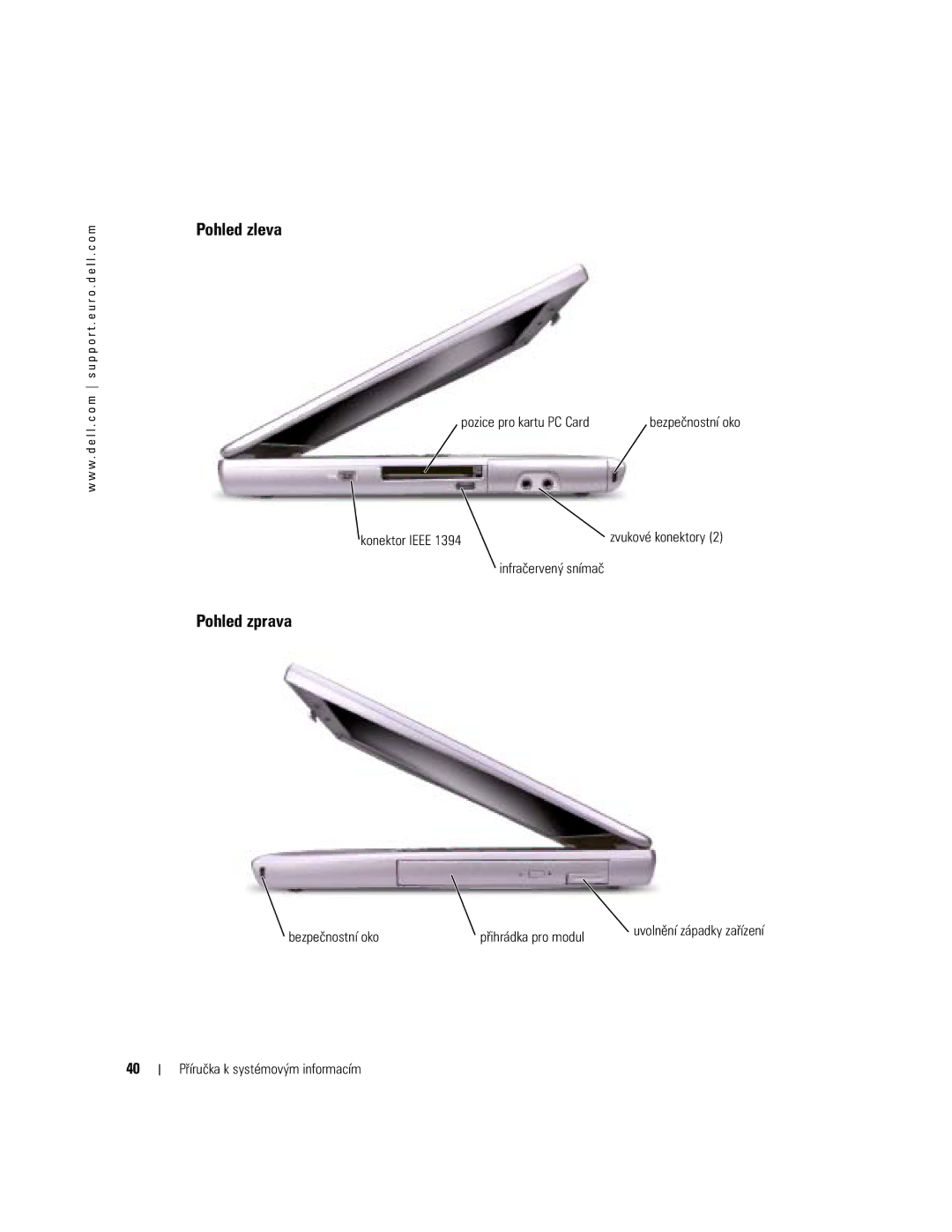 Dell D505 manual Pohled zleva, Pohled zprava 