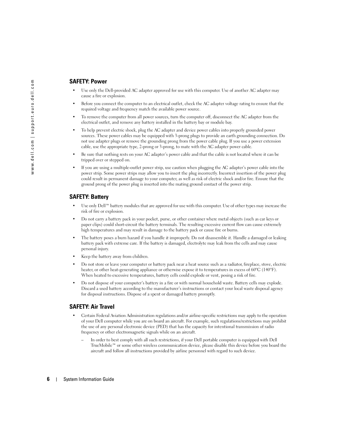 Dell D505 manual Safety Power, Safety Battery, Safety Air Travel 