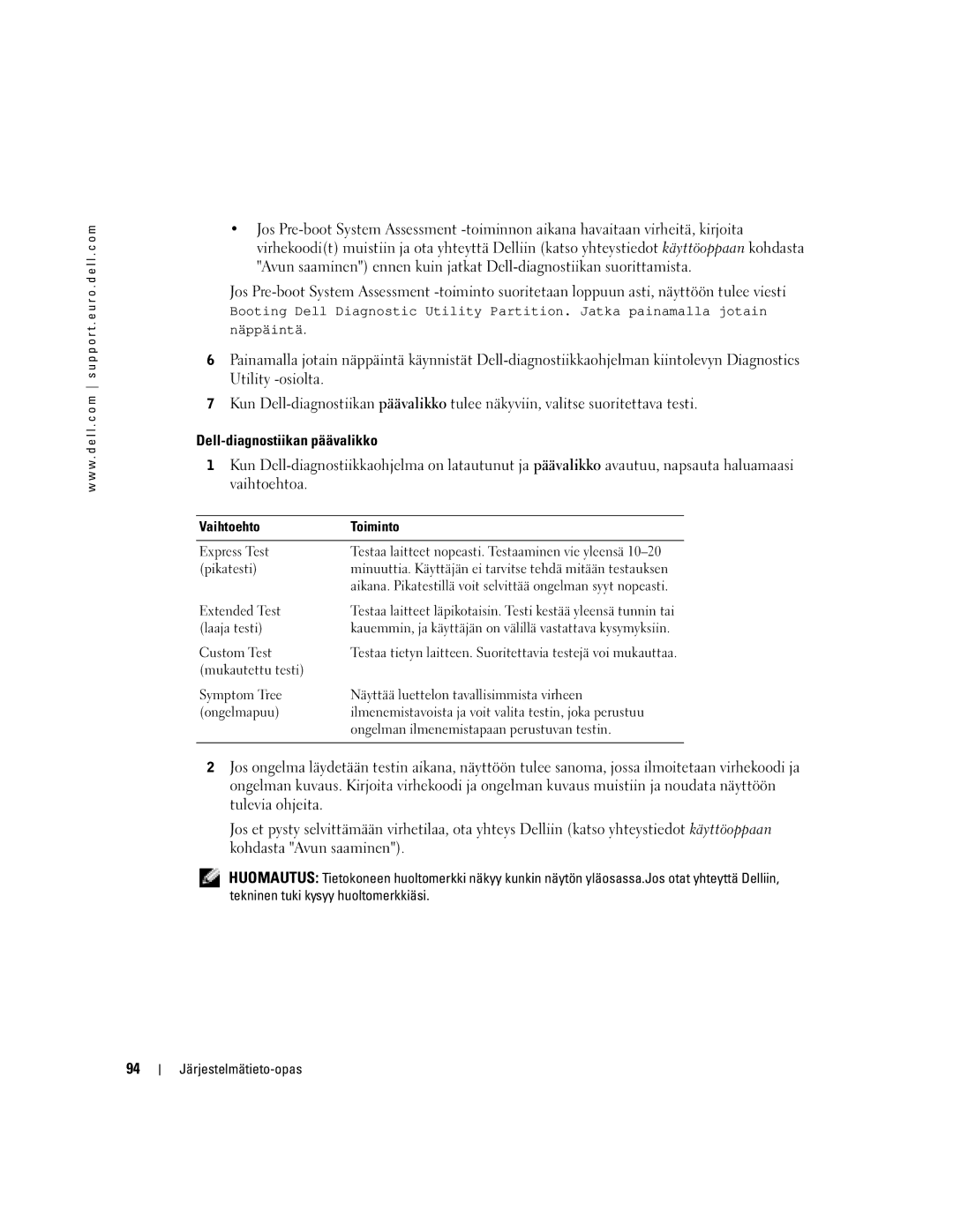 Dell D505 manual Dell-diagnostiikan päävalikko, Vaihtoehto Toiminto Express Test, Pikatesti, Laaja testi 