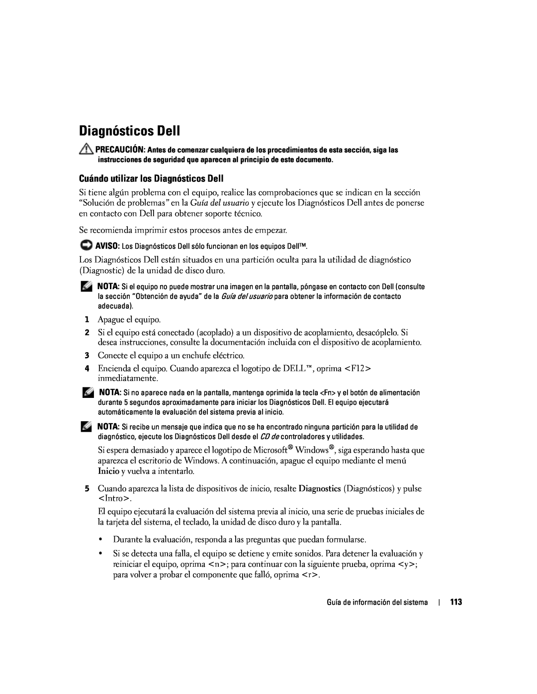 Dell D505 manual Cuándo utilizar los Diagnósticos Dell 