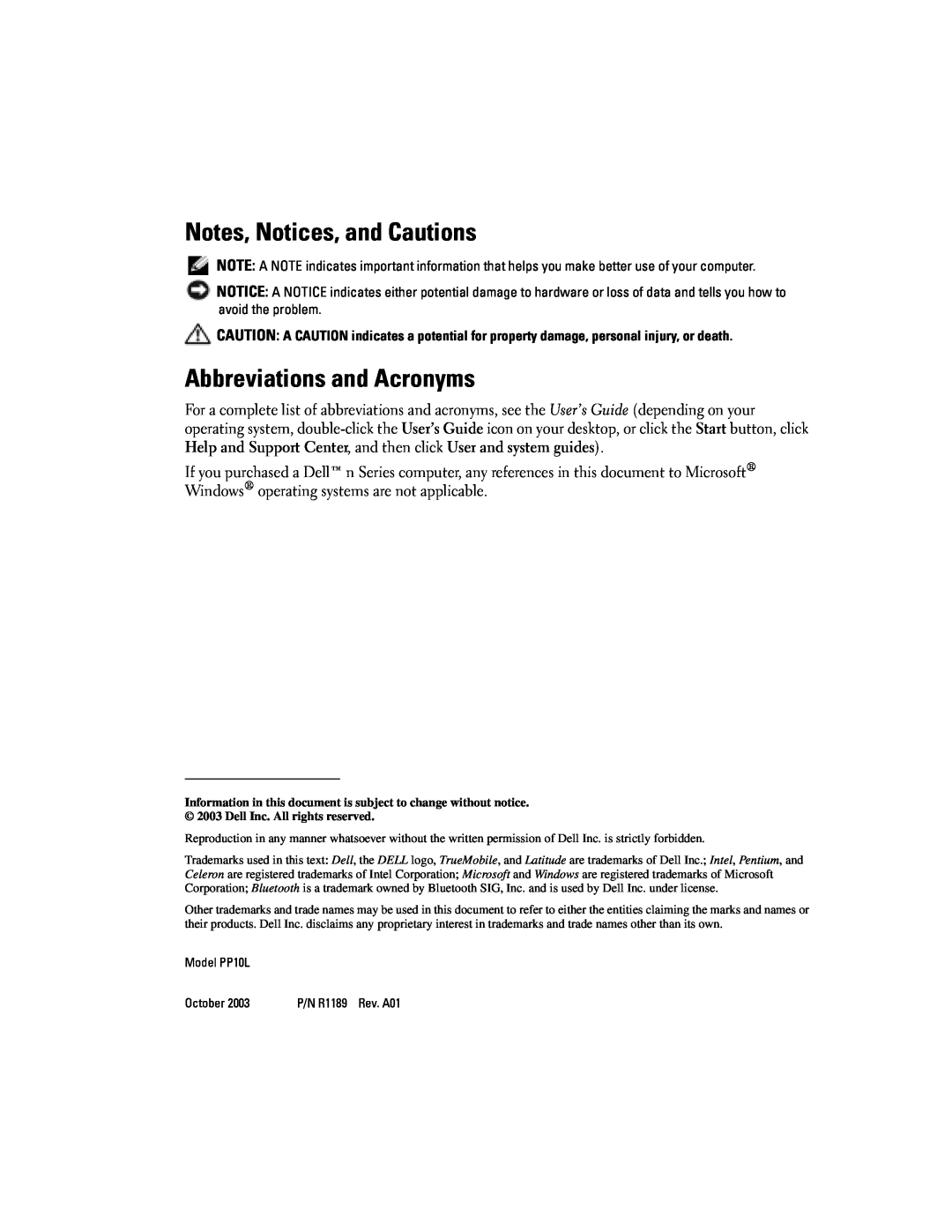 Dell D505 manual Notes, Notices, and Cautions, Abbreviations and Acronyms, Model PP10L, October 