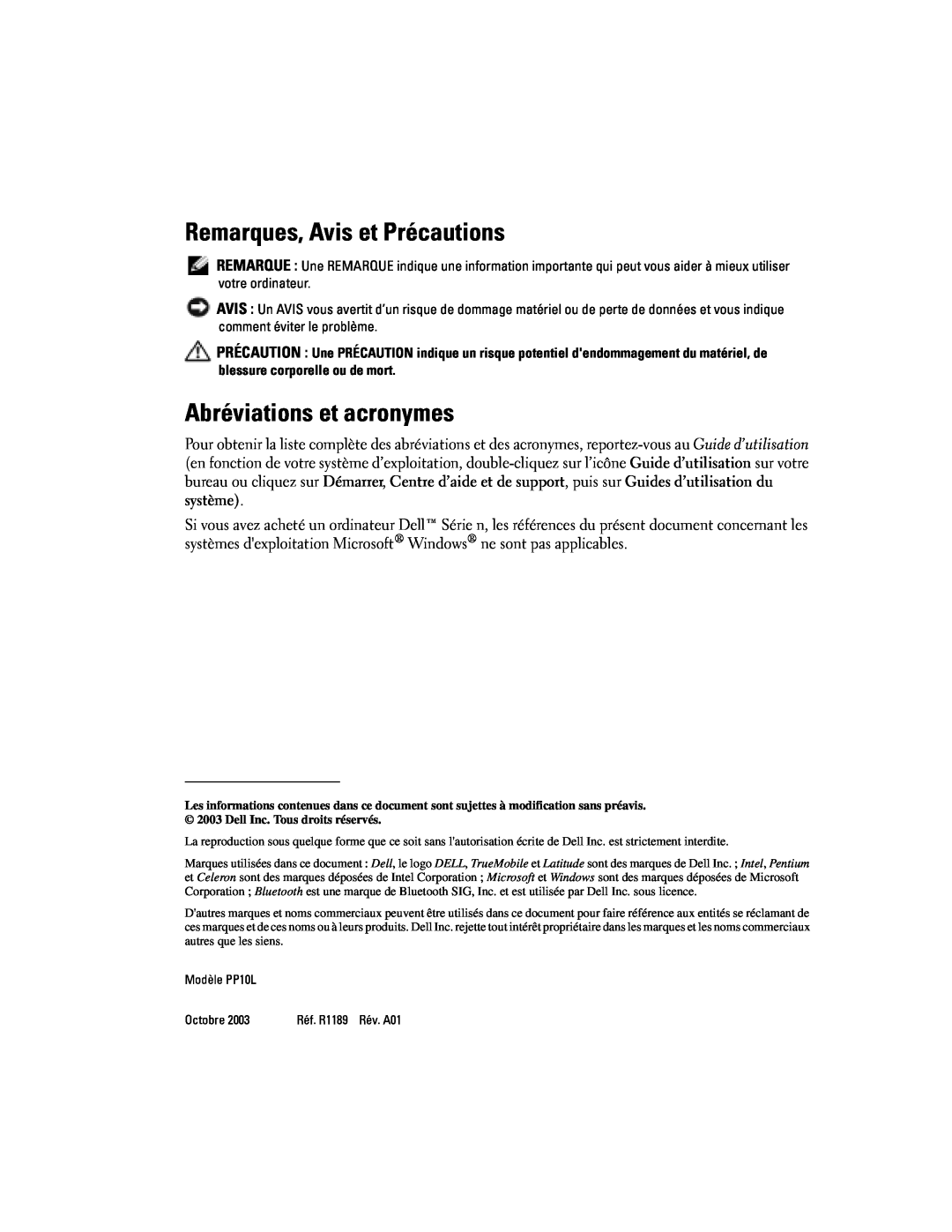 Dell D505 manual Remarques, Avis et Précautions, Abréviations et acronymes, Modèle PP10L, Octobre 
