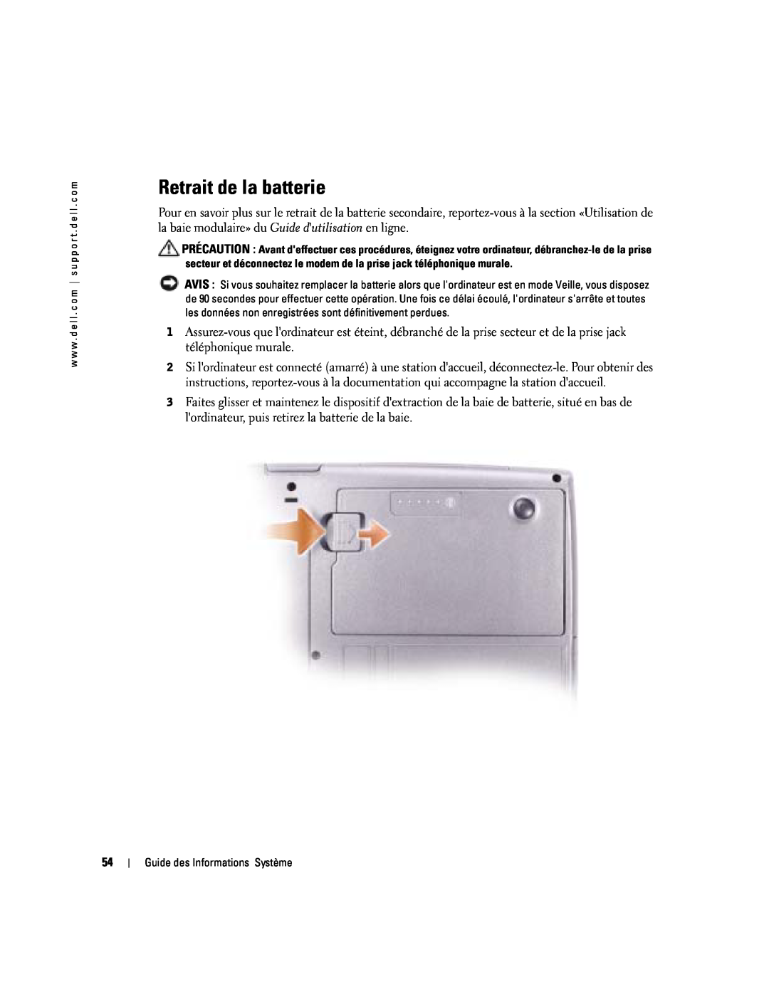 Dell D505 manual Retrait de la batterie 