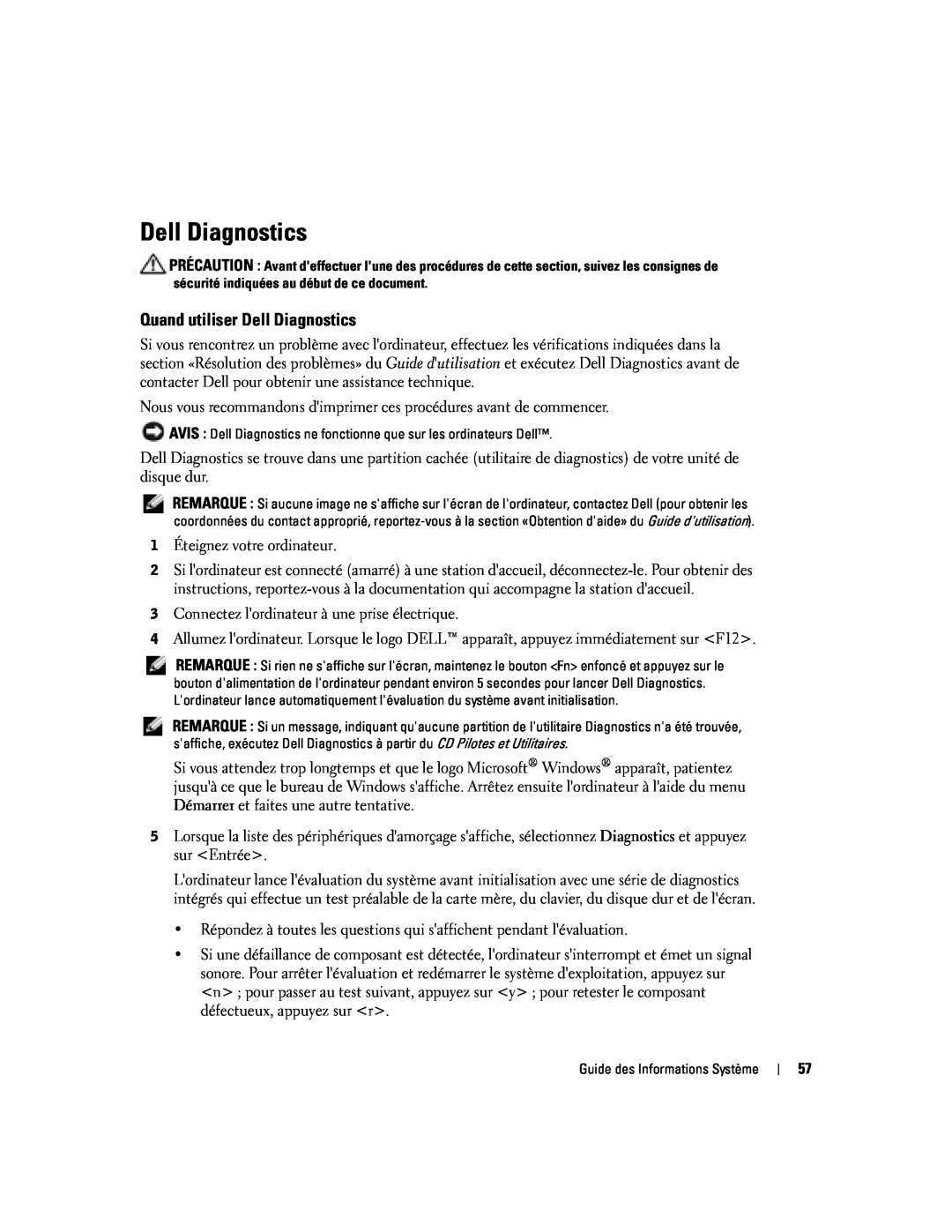 Dell D505 manual Quand utiliser Dell Diagnostics 