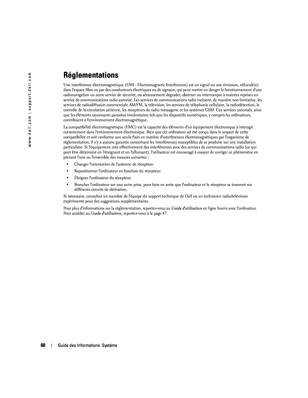 Dell D505 manual Réglementations 