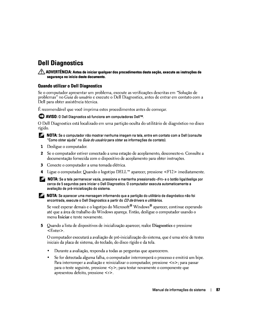 Dell D505 manual Quando utilizar o Dell Diagnostics 