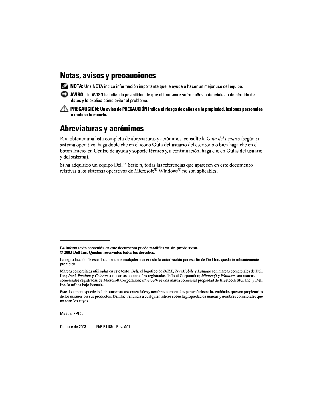 Dell D505 manual Notas, avisos y precauciones, Abreviaturas y acrónimos 