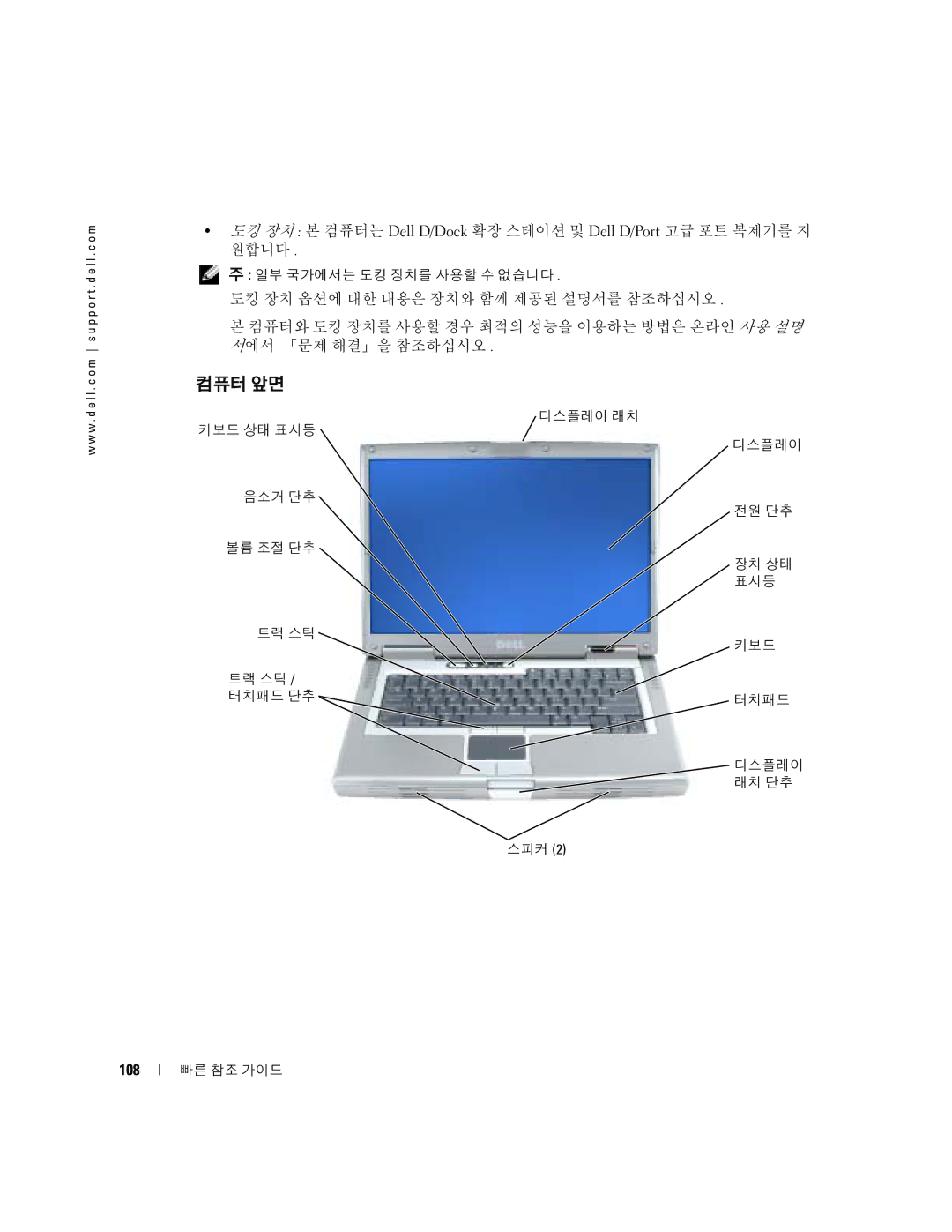 Dell D5185 manual 컴퓨터 앞면, 108 