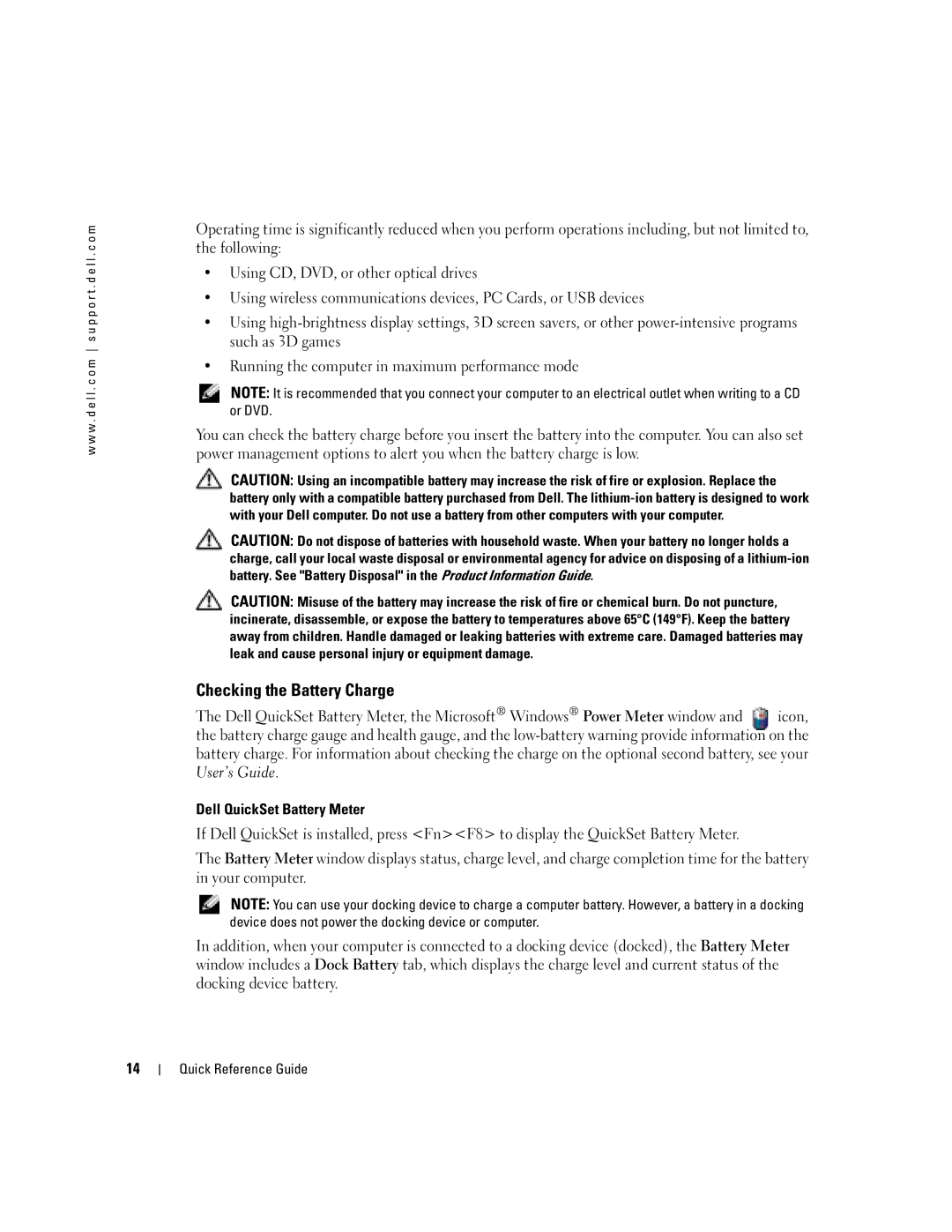 Dell D5185 manual Checking the Battery Charge 