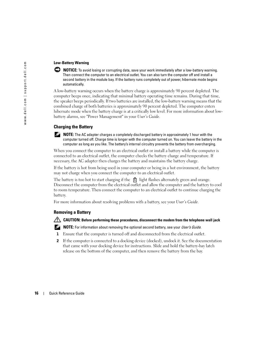 Dell D5185 manual Charging the Battery, Low-Battery Warning 