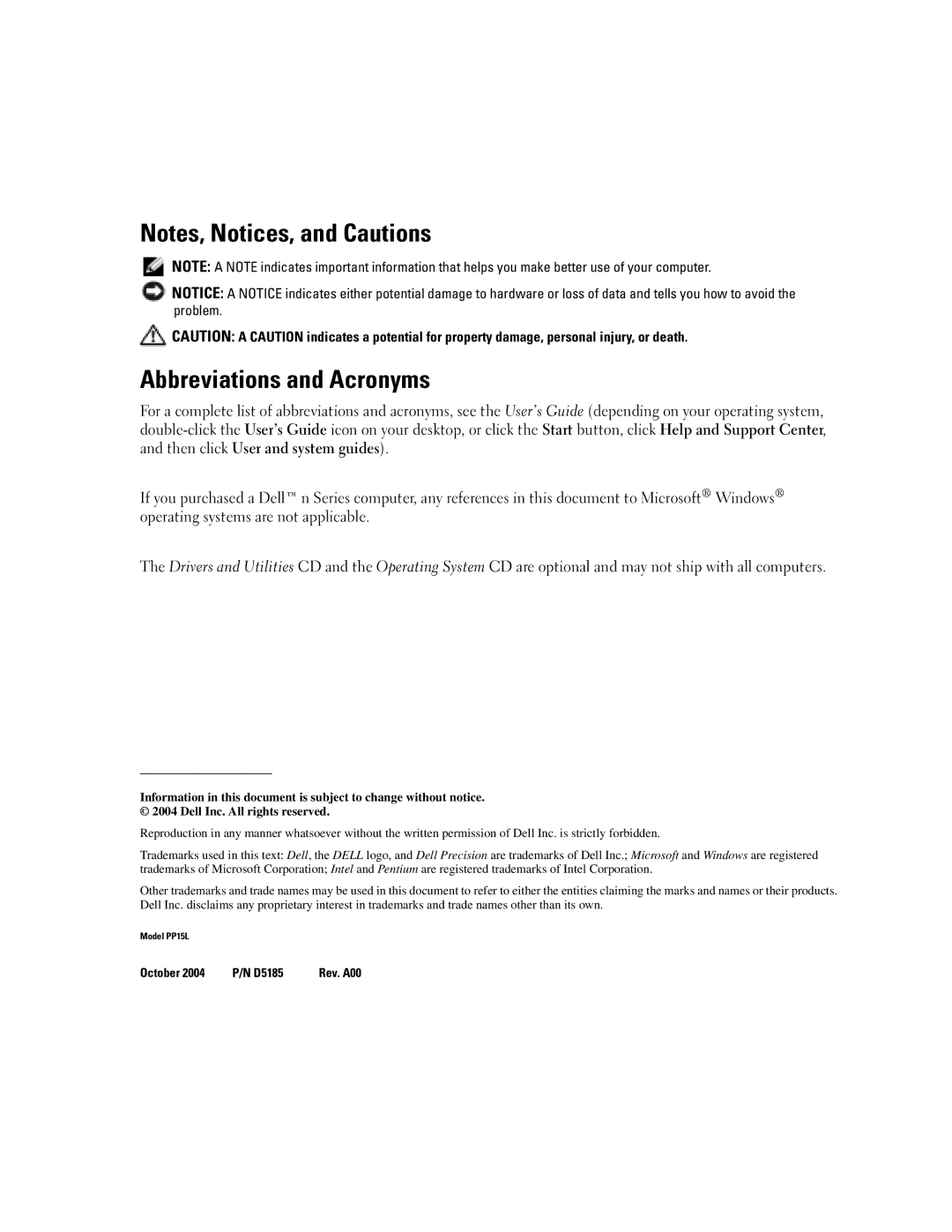 Dell D5185 manual Abbreviations and Acronyms 