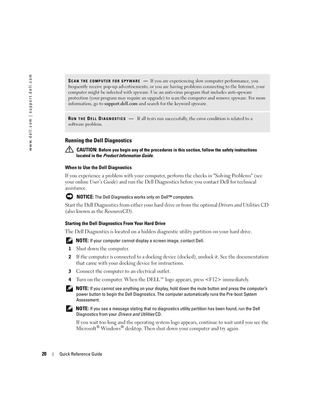 Dell D5185 manual Running the Dell Diagnostics 