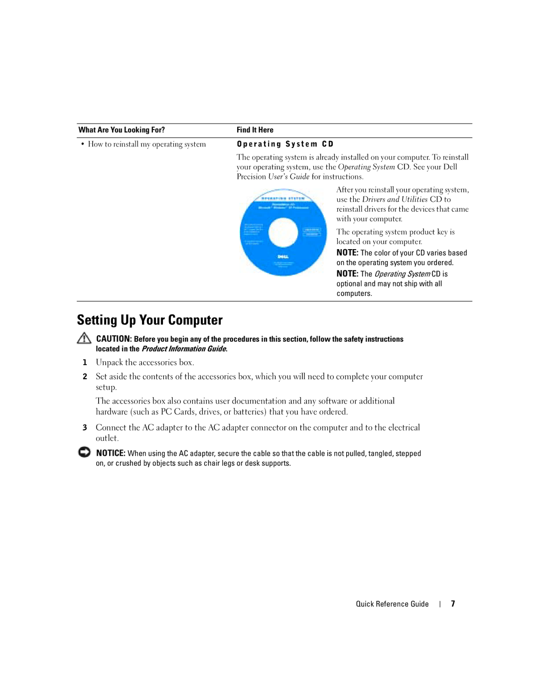 Dell D5185 manual Setting Up Your Computer 